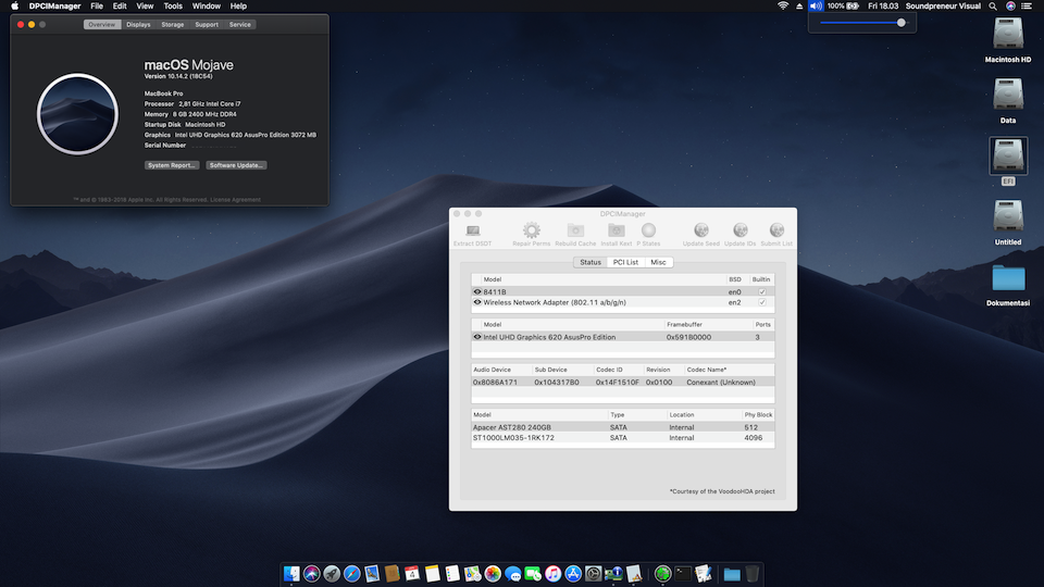Success Hackintosh macOS Mojave 10.14.2 Build 18C51 at Asus ROG GL552VX-DM409T